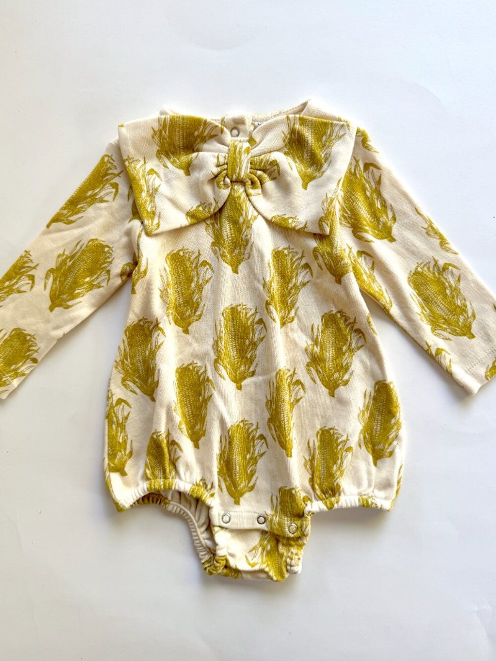 Kate Quinn Corn Print Bow Bubble Romper Long Sleeve Cream 6-12M